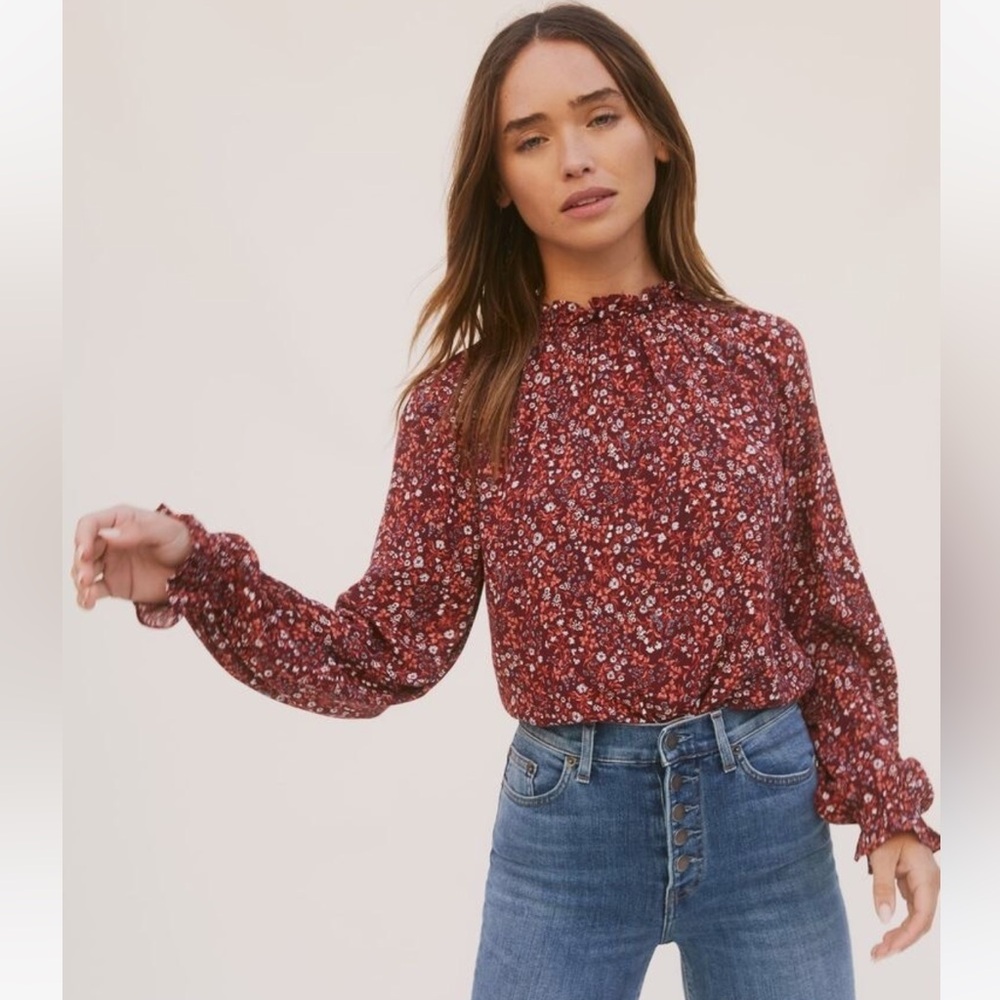 • Reformation • Women’s Theodora Floral Smocked Top Blouse Burgundy Red XS